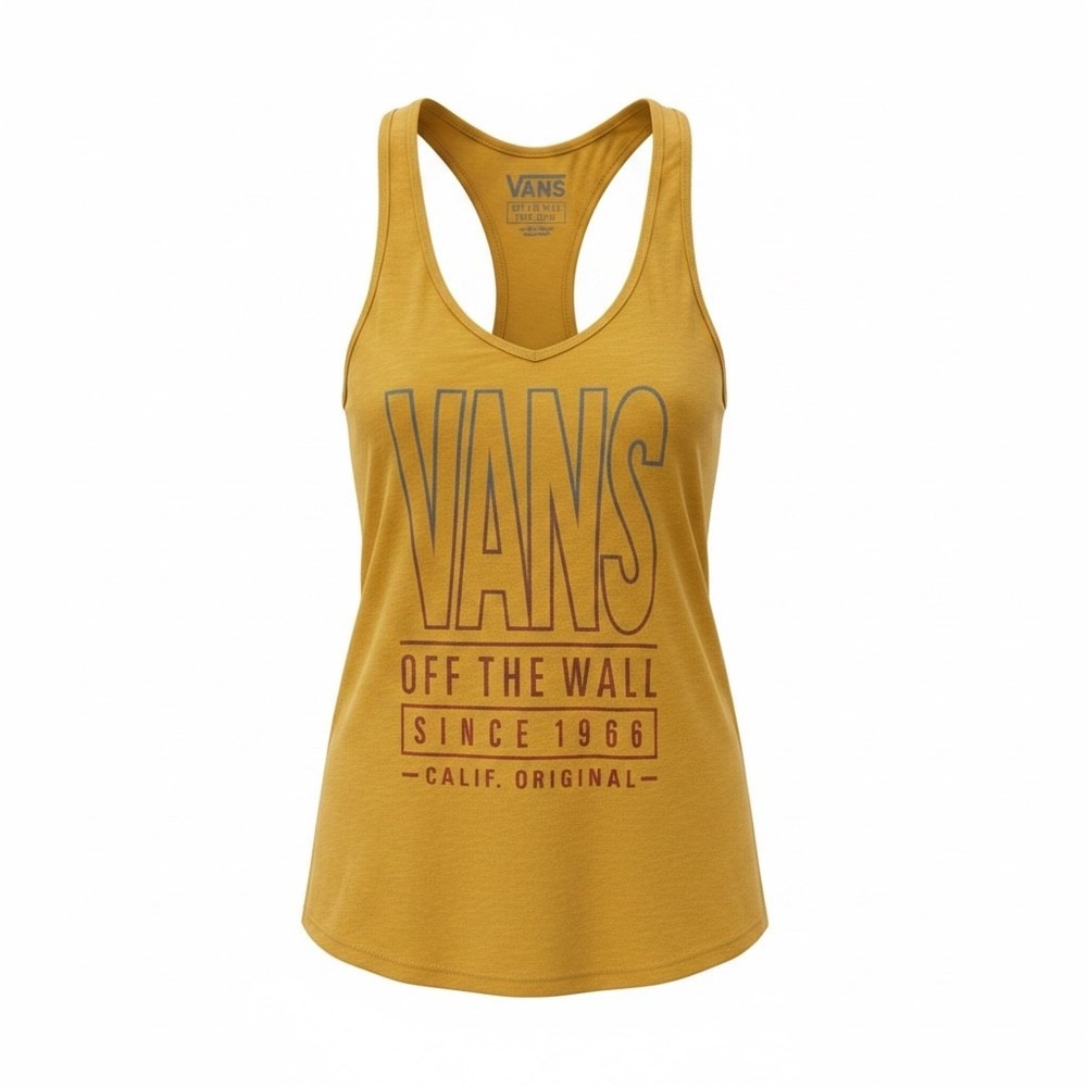 VANS Longster Tank Women Small Mustard Yellow Keyhole Graphic Beach Top